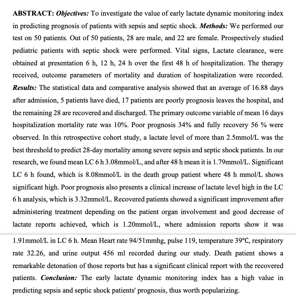 Effect Of Lactate And Lactate Clearance Condition On The Prognosis Of Sepsis In Children V1 Preprints